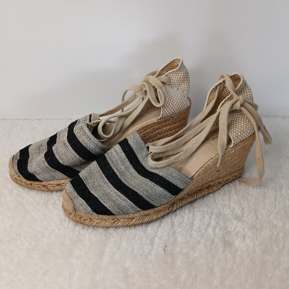 Women's Andre Assous Black & Beige Striped Wedge Heel Espadrille Sandals Size 10 - Picture 4 of 11
